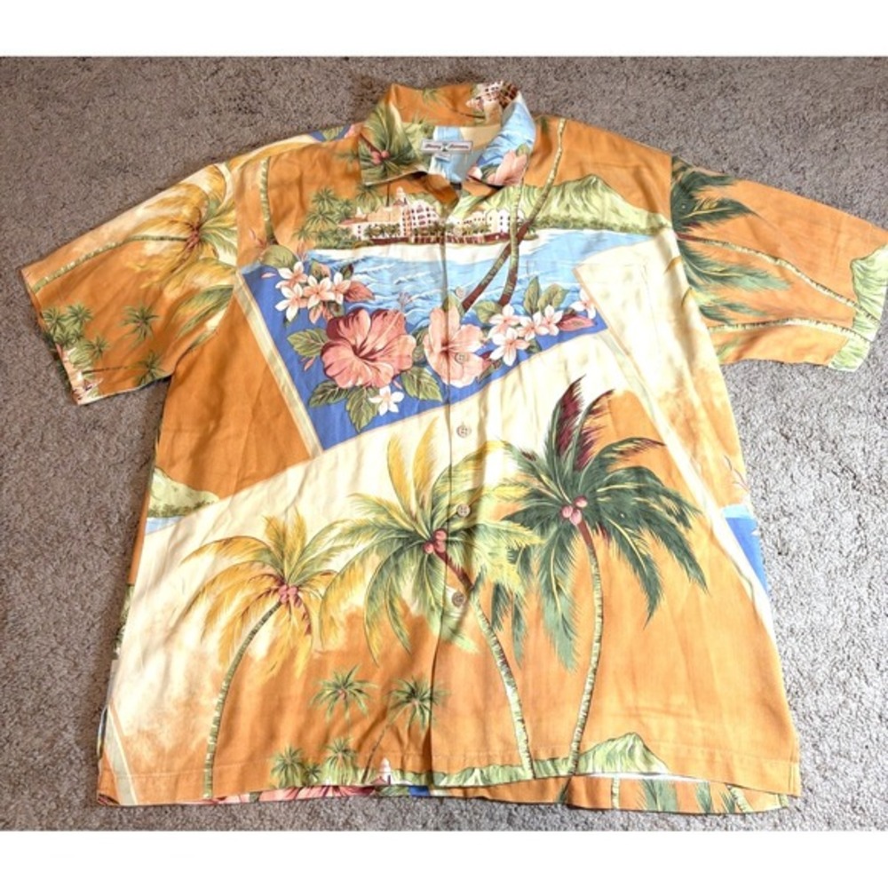 TOMMY BAHAMA Hawaiian Aloha Print‎ Beach Hawaii Orange Shirt Men's Large
